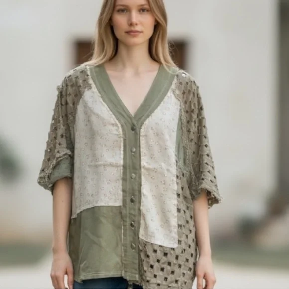 POL L Olive and Cream Patchwork V-Neck Button Front Top - Picture 1 of 5